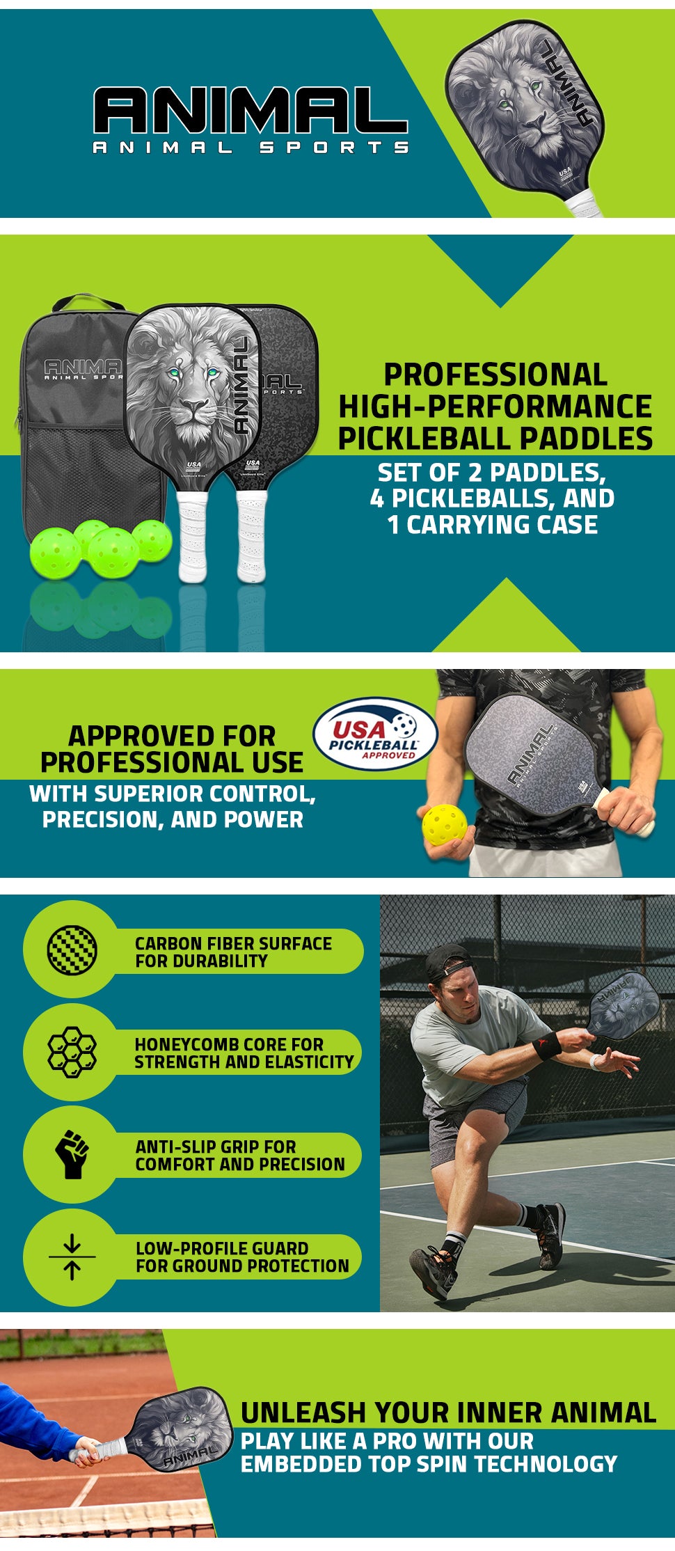 Animal Sports Pickle Ball Paddle Set of 2 With 4 Balls and Carry Case